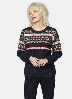 Black women's round neck jacquard sweater with lurex - Koroshi 2022TR23