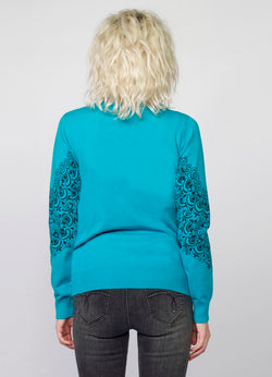 Pull tricoté imprimé cachemire femme bleu aqua - Koroshi 2022TR44