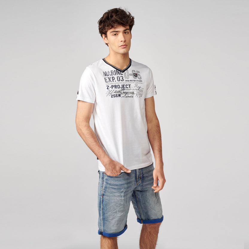 Camiseta cuello pico estampada hombre blanco - Koroshi 2111MC04