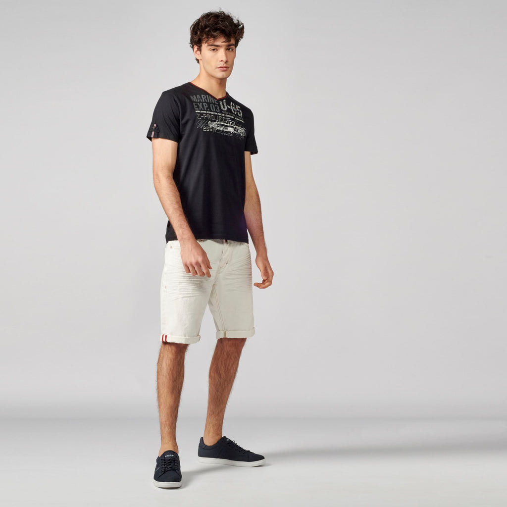 Schwarzes bedrucktes Herren-T-Shirt mit V-Ausschnitt – Koroshi 2111MC04