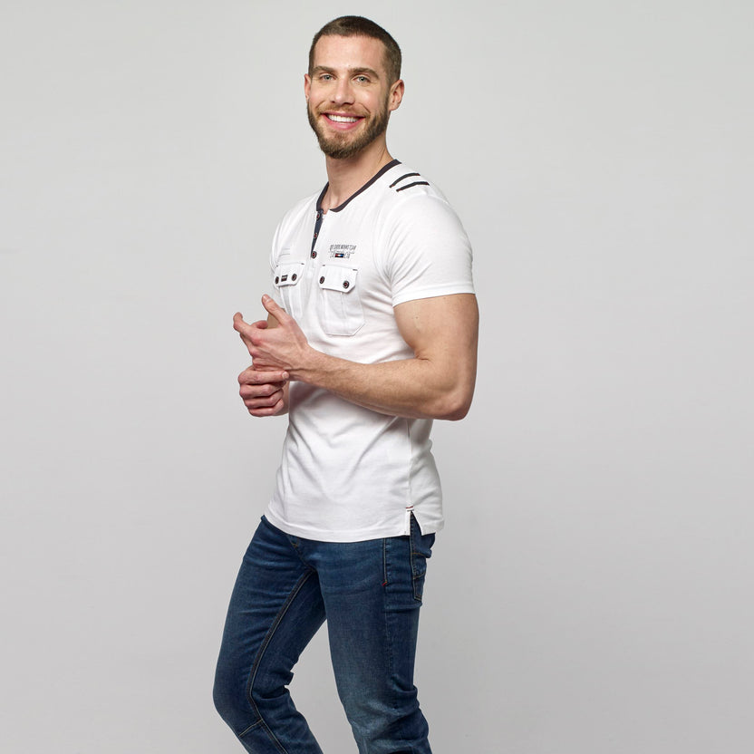 Men's white pocket baker collar t-shirt - Koroshi 2111MC49
