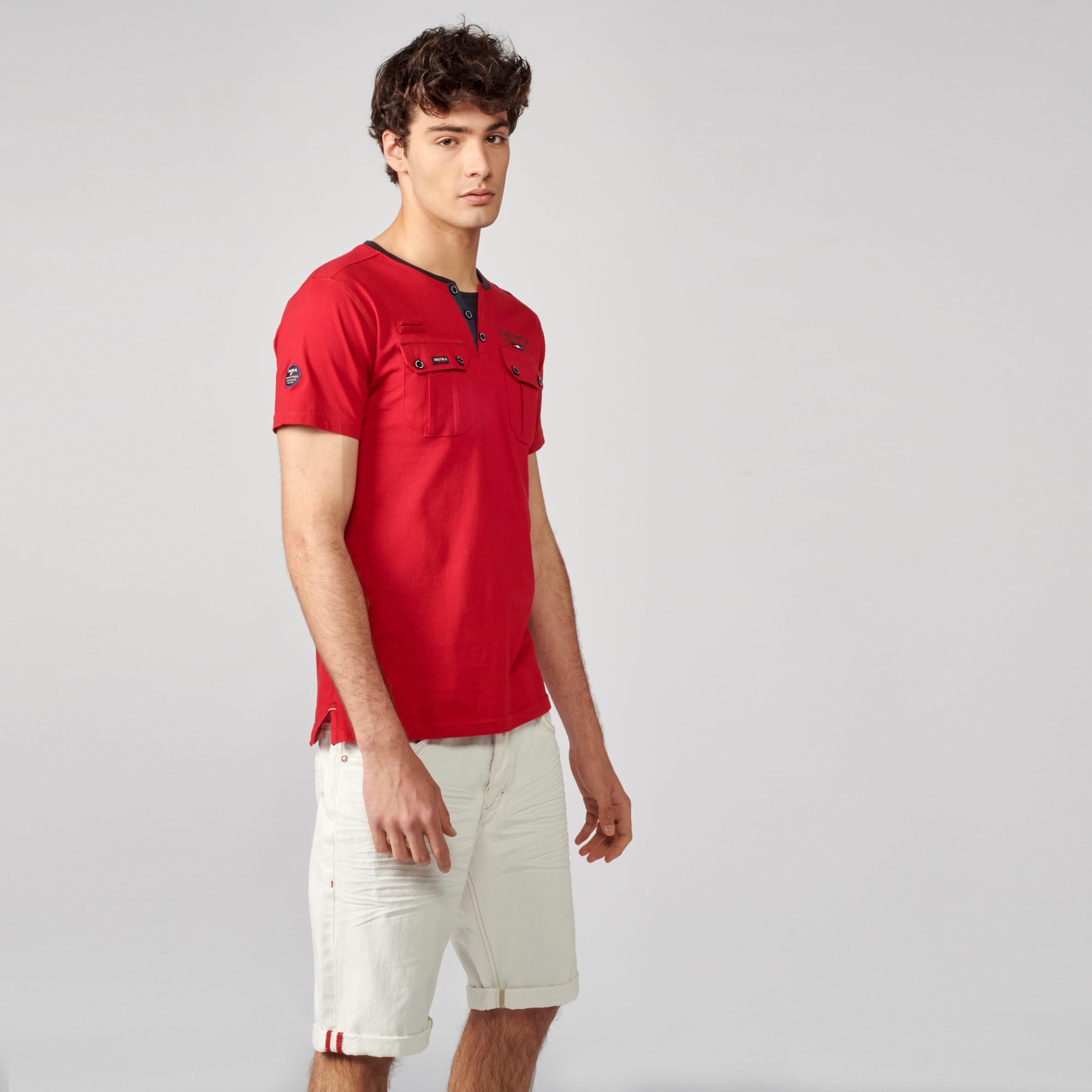 Men's red pocket baker collar t-shirt - Koroshi 2111MC49