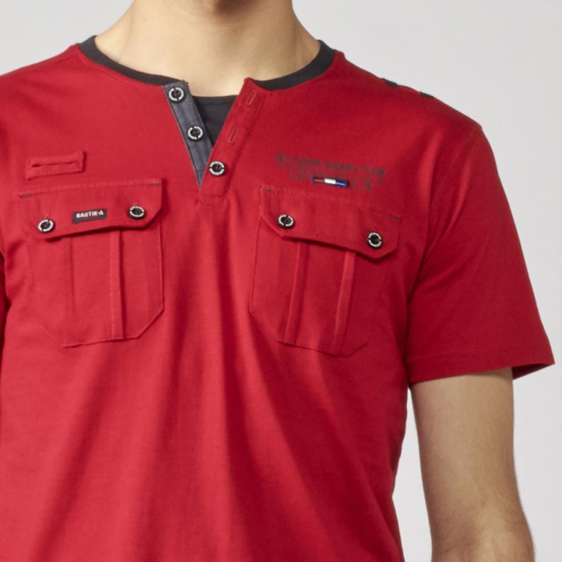 Men's red pocket baker collar t-shirt - Koroshi 2111MC49
