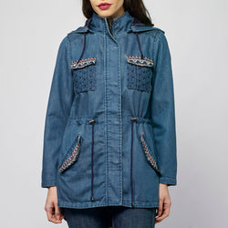 Blue long denim parka with hood and ethnic embroidery for women - Koroshi 2112JA91