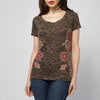 Printed top with foil details. V-neckline with fantasy ribbon, short sleeves | style and comfort