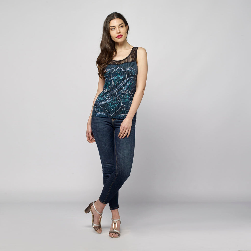 Top smanicato da donna con stampa floreale etnica blu cobalto - Koroshi 2112TP62