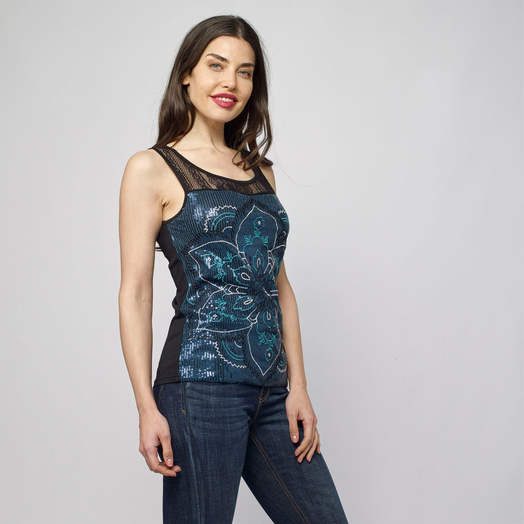 Top smanicato da donna con stampa floreale etnica blu cobalto - Koroshi 2112TP62