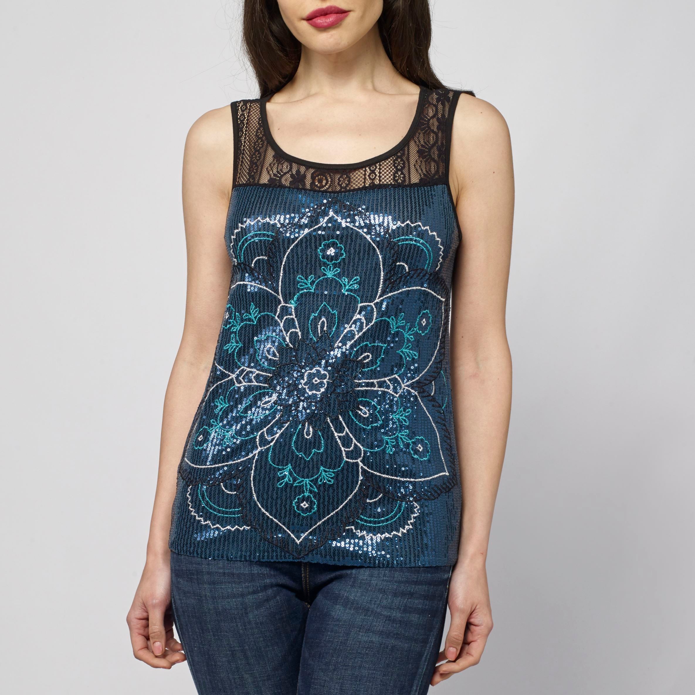 Top smanicato da donna con stampa floreale etnica blu cobalto - Koroshi 2112TP62