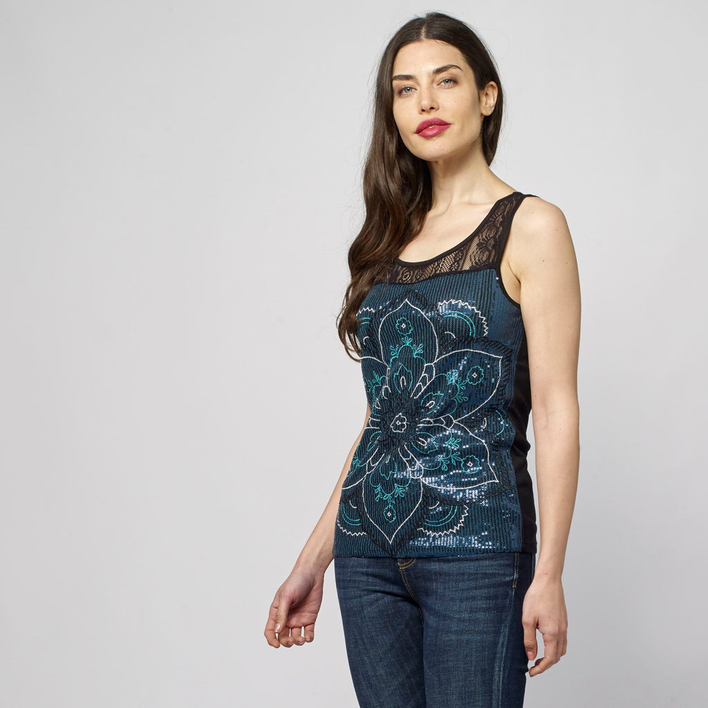 Top smanicato da donna con stampa floreale etnica blu cobalto - Koroshi 2112TP62