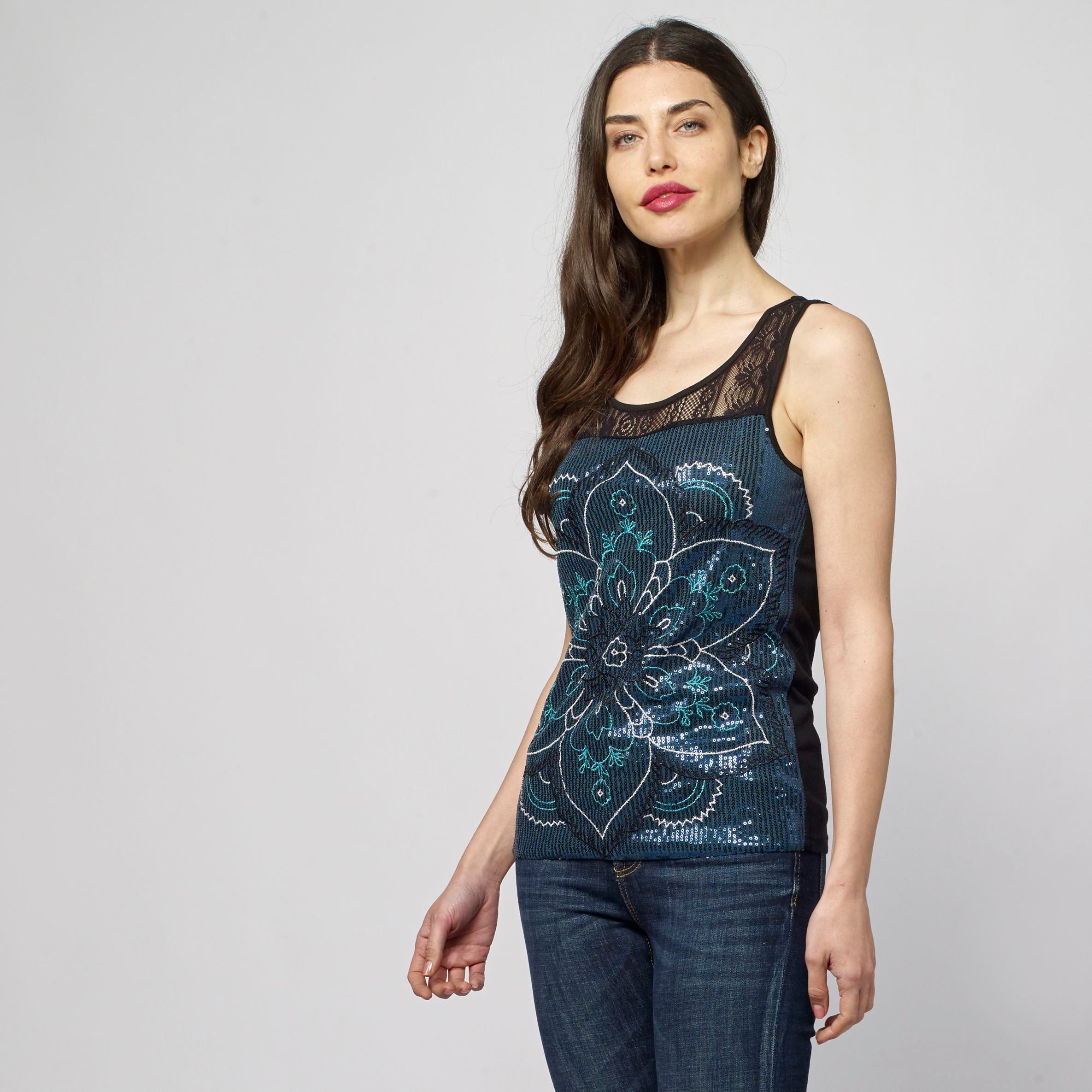 Top smanicato da donna con stampa floreale etnica blu cobalto - Koroshi 2112TP62