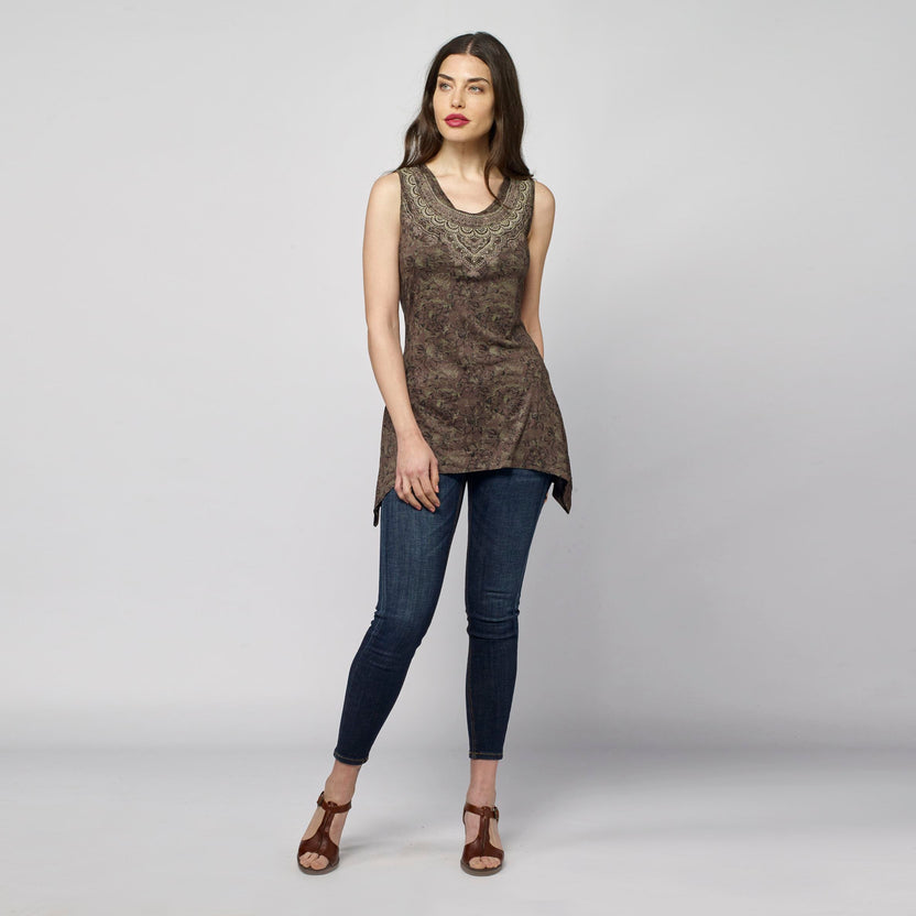 Women's ethnic print sleeveless top khaki side view - Koroshi 2112TP67