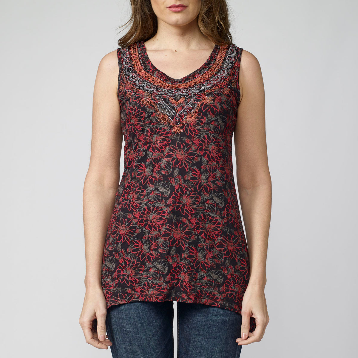 Women's ethnic print sleeveless top red side view - Koroshi 2112TP67