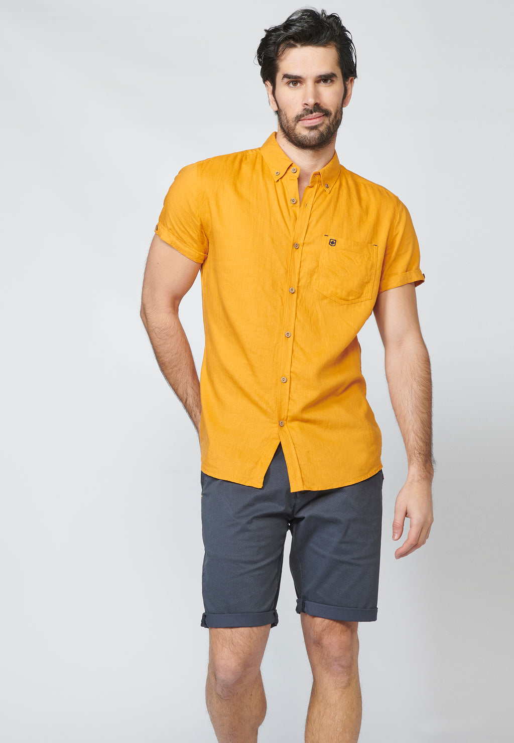 Ocher men's short sleeve button down cotton linen shirt - Koroshi 2211CC08