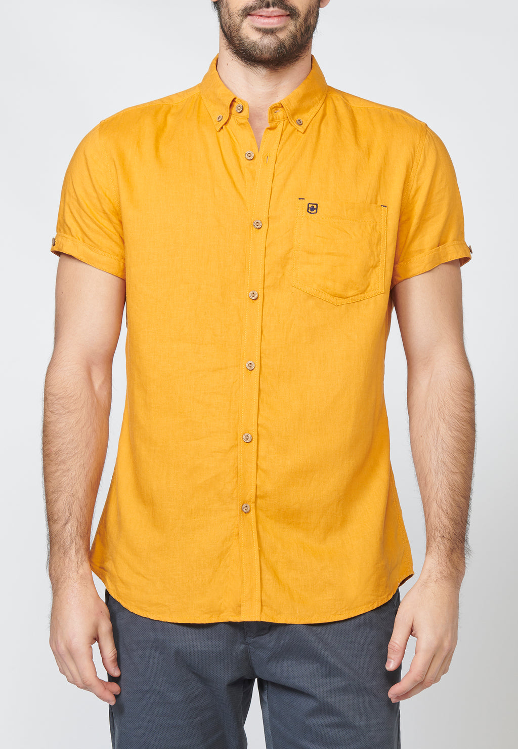 Ocher men's short sleeve button down cotton linen shirt - Koroshi 2211CC08