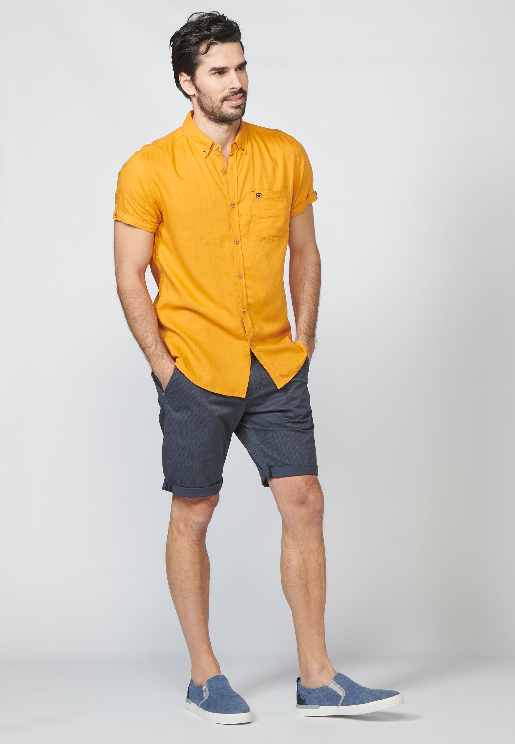Ocher men's short sleeve button down cotton linen shirt - Koroshi 2211CC08