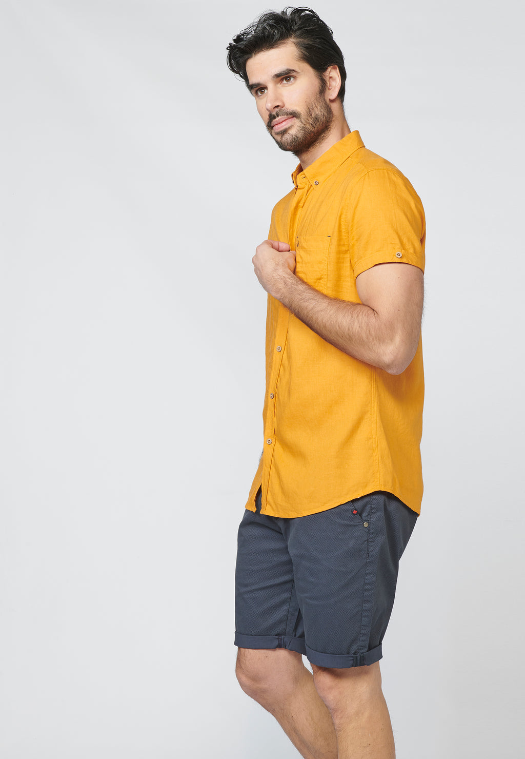 Ocher men's short sleeve button down cotton linen shirt - Koroshi 2211CC08