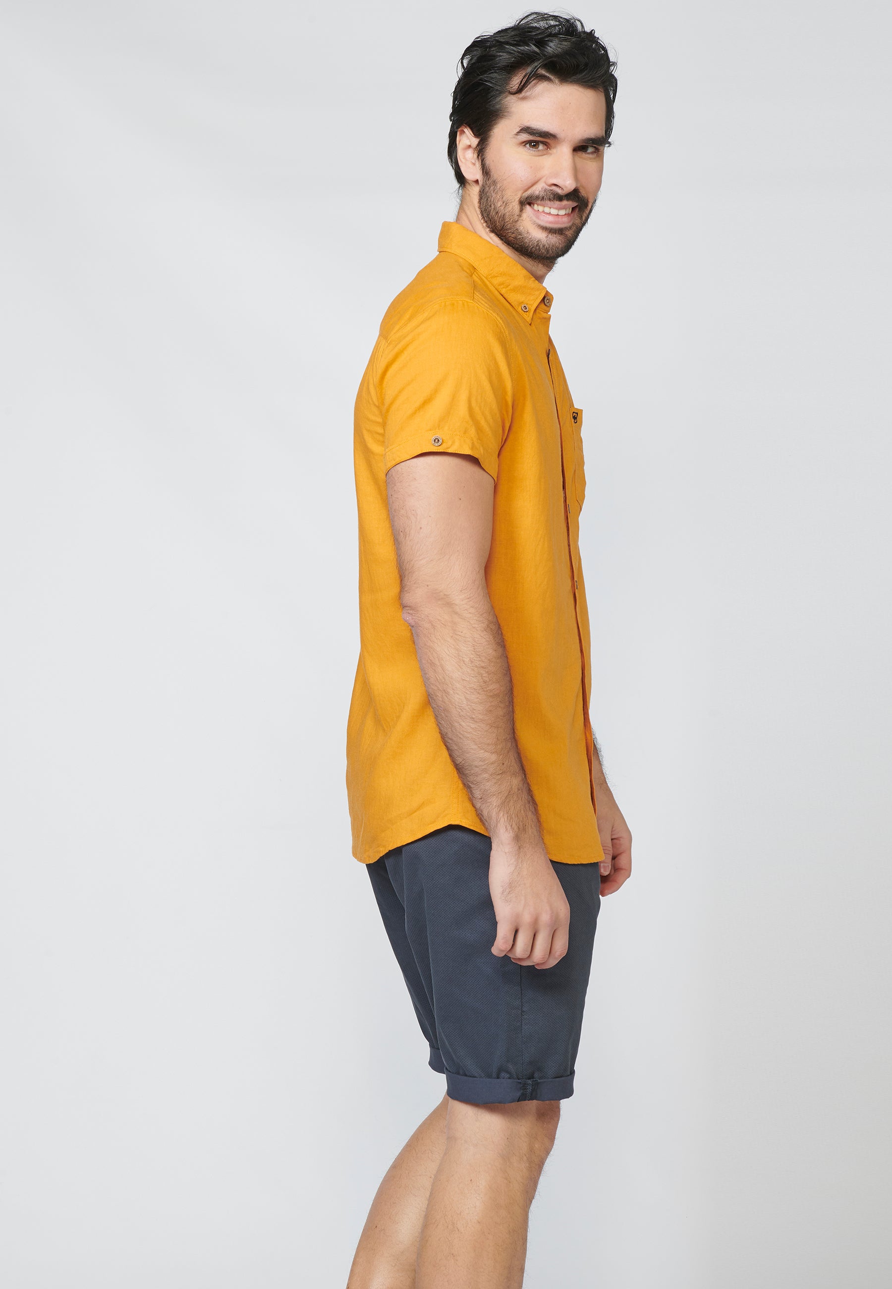Ocher men's short sleeve button down cotton linen shirt - Koroshi 2211CC08