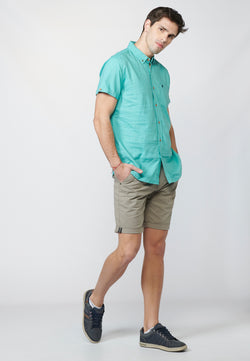 Men's short sleeve button down cotton linen shirt mint - Koroshi 2211CC08