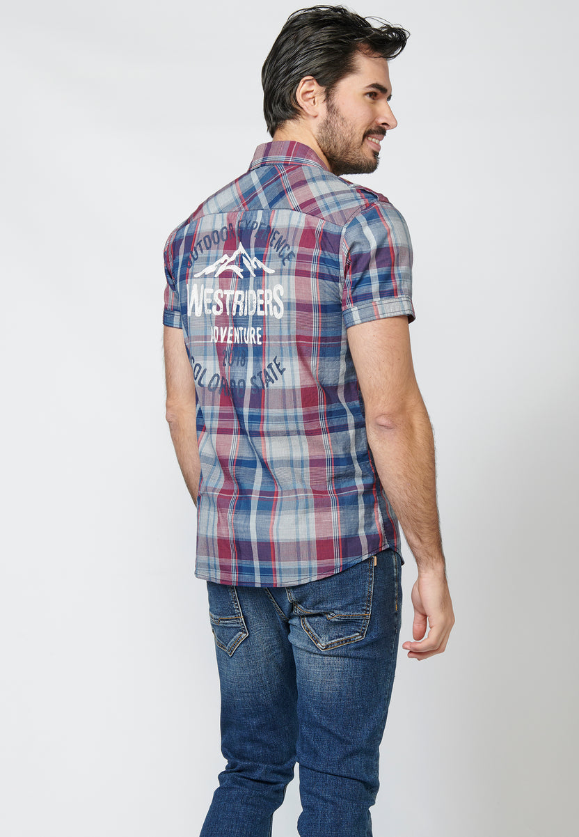 Men's red short sleeve plaid shirt with lapel pockets - Koroshi 2211CC55