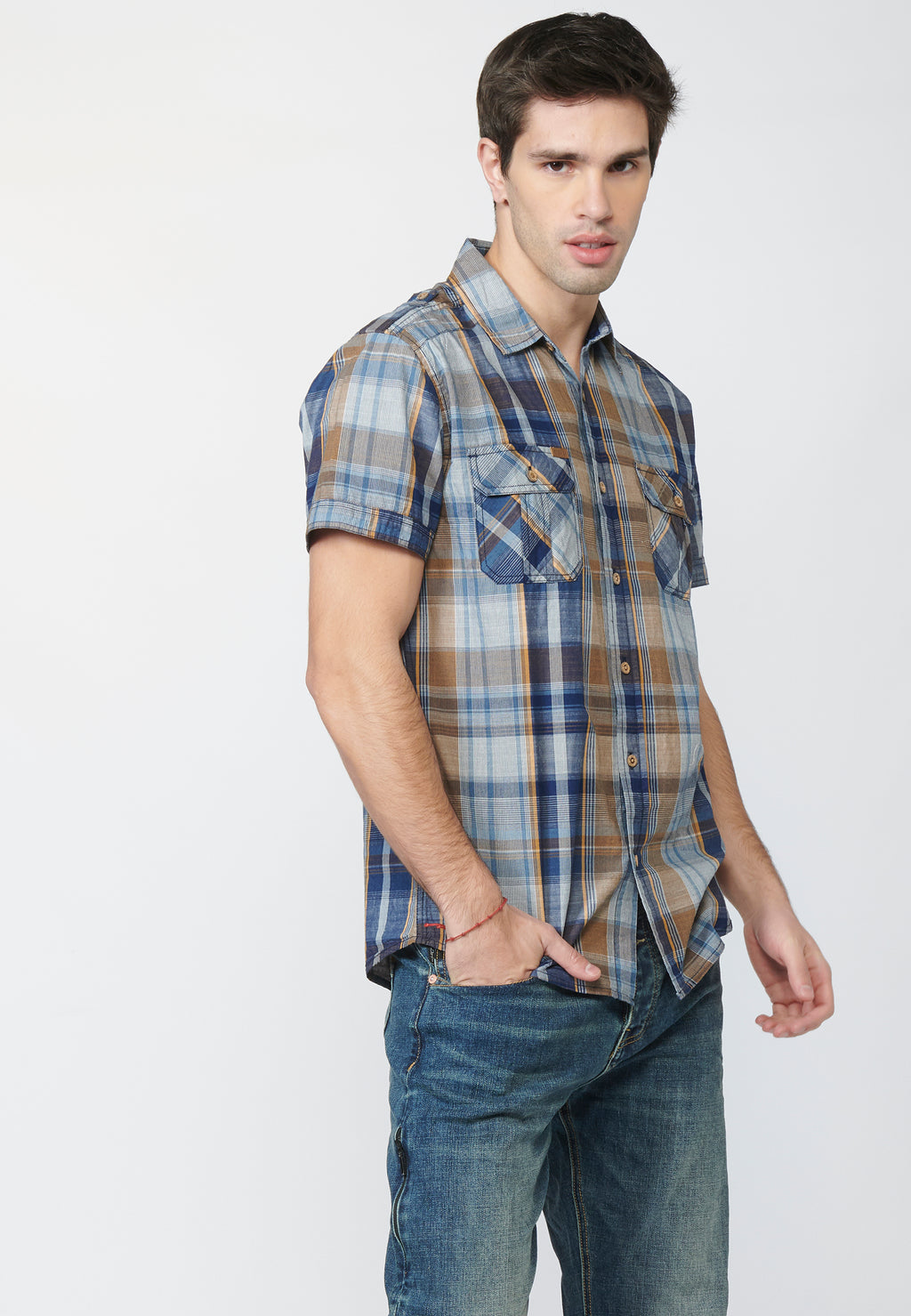 Camicia a quadri ocra da uomo manica corta con tasche a rever - Koroshi 2211CC55