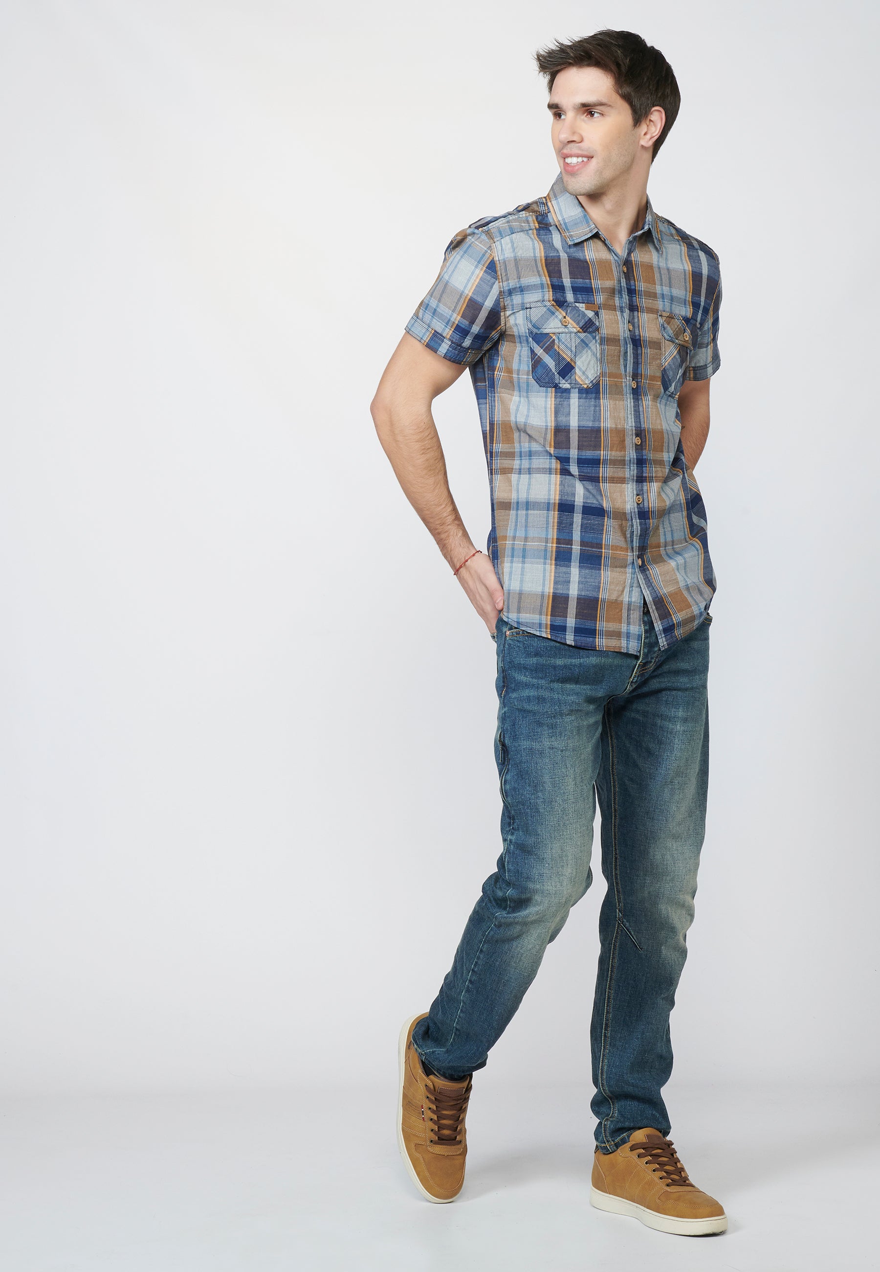 Camicia a quadri ocra da uomo manica corta con tasche a rever - Koroshi 2211CC55
