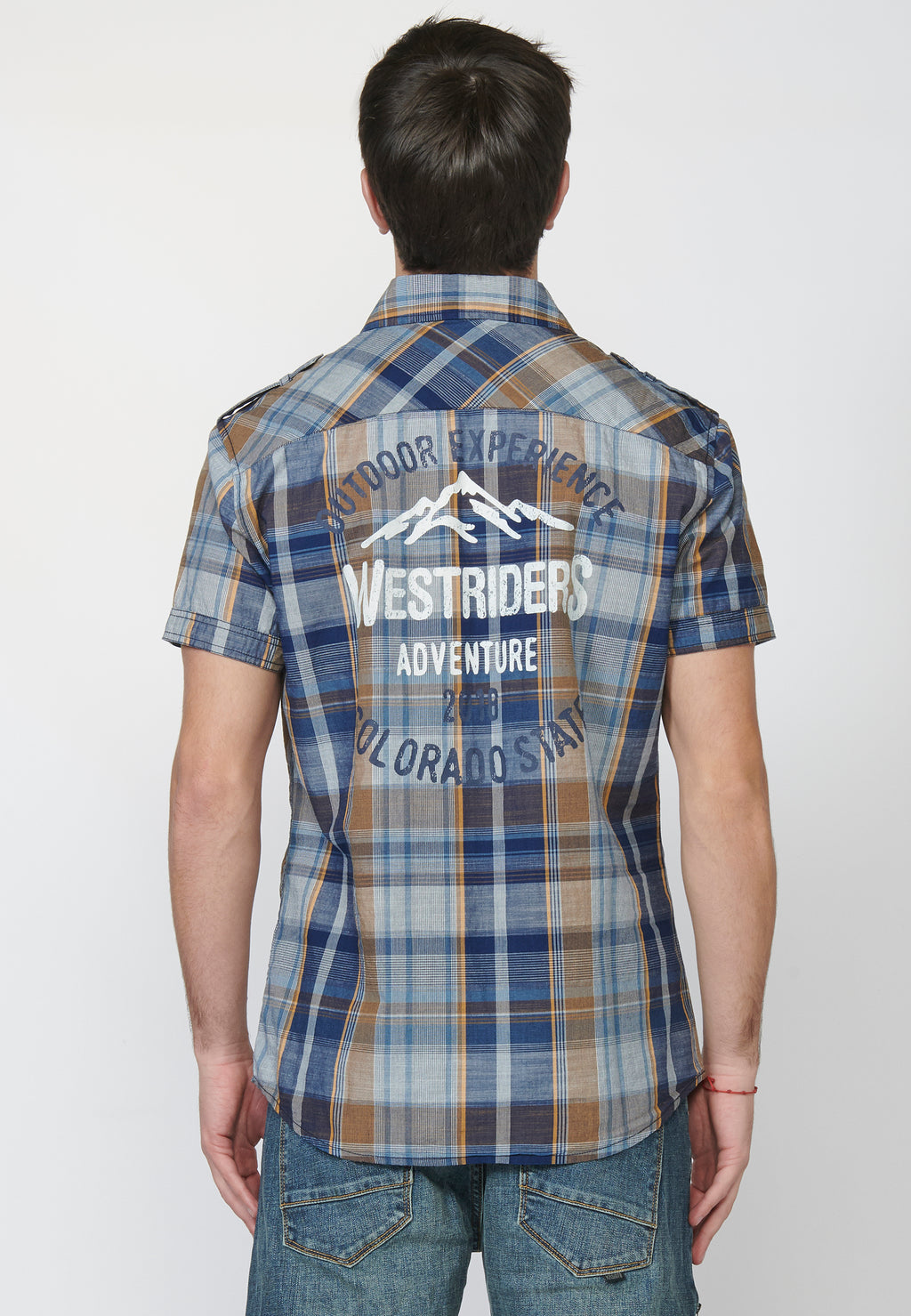Camicia a quadri ocra da uomo manica corta con tasche a rever - Koroshi 2211CC55