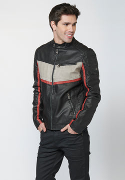 Blouson biker homme noir effet cuir à col mao - Koroshi 2211JA07