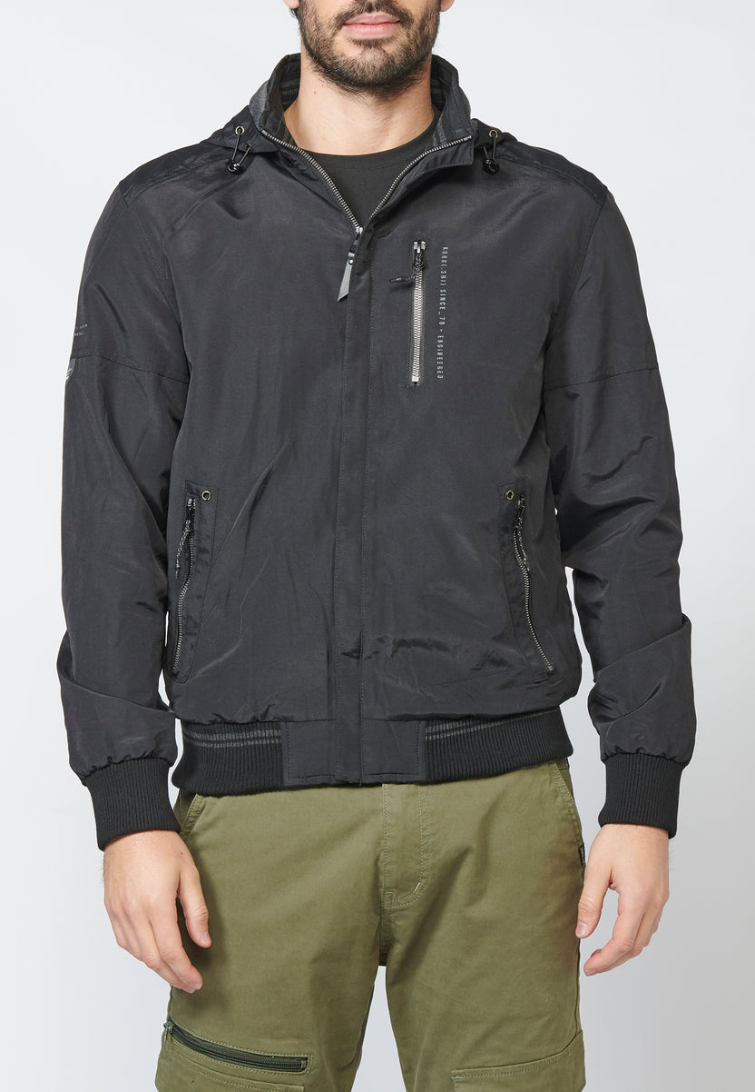Schwarze Herrenjacke mit abnehmbarer Kapuze und Rippstrick - Koroshi 2211JA14