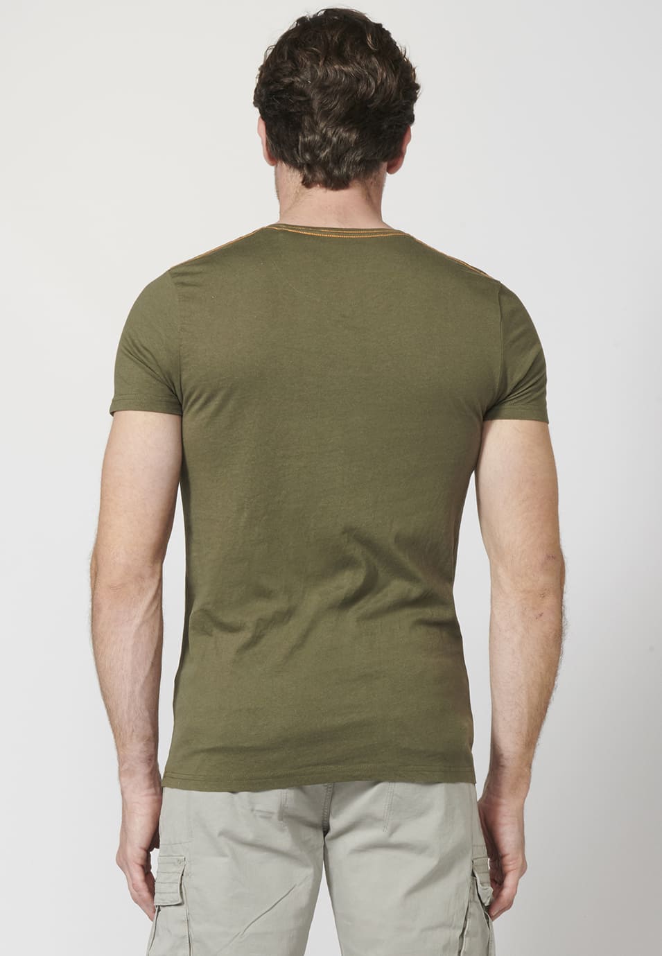 Khaki men's short sleeve front print t-shirt - Koroshi 2211MC12