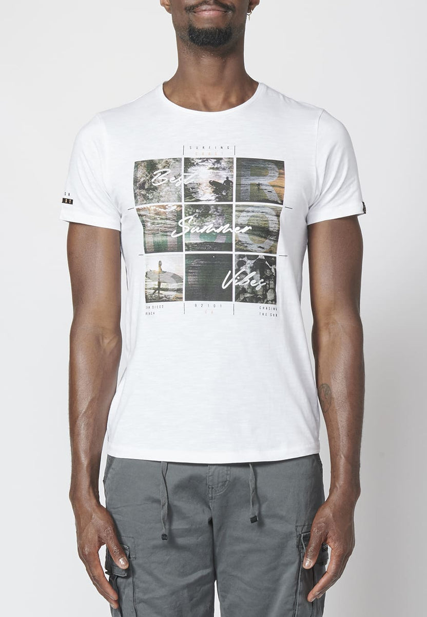 T-shirt manches courtes homme blanc imprimé surfeur vue de face - Koroshi 2211MC28