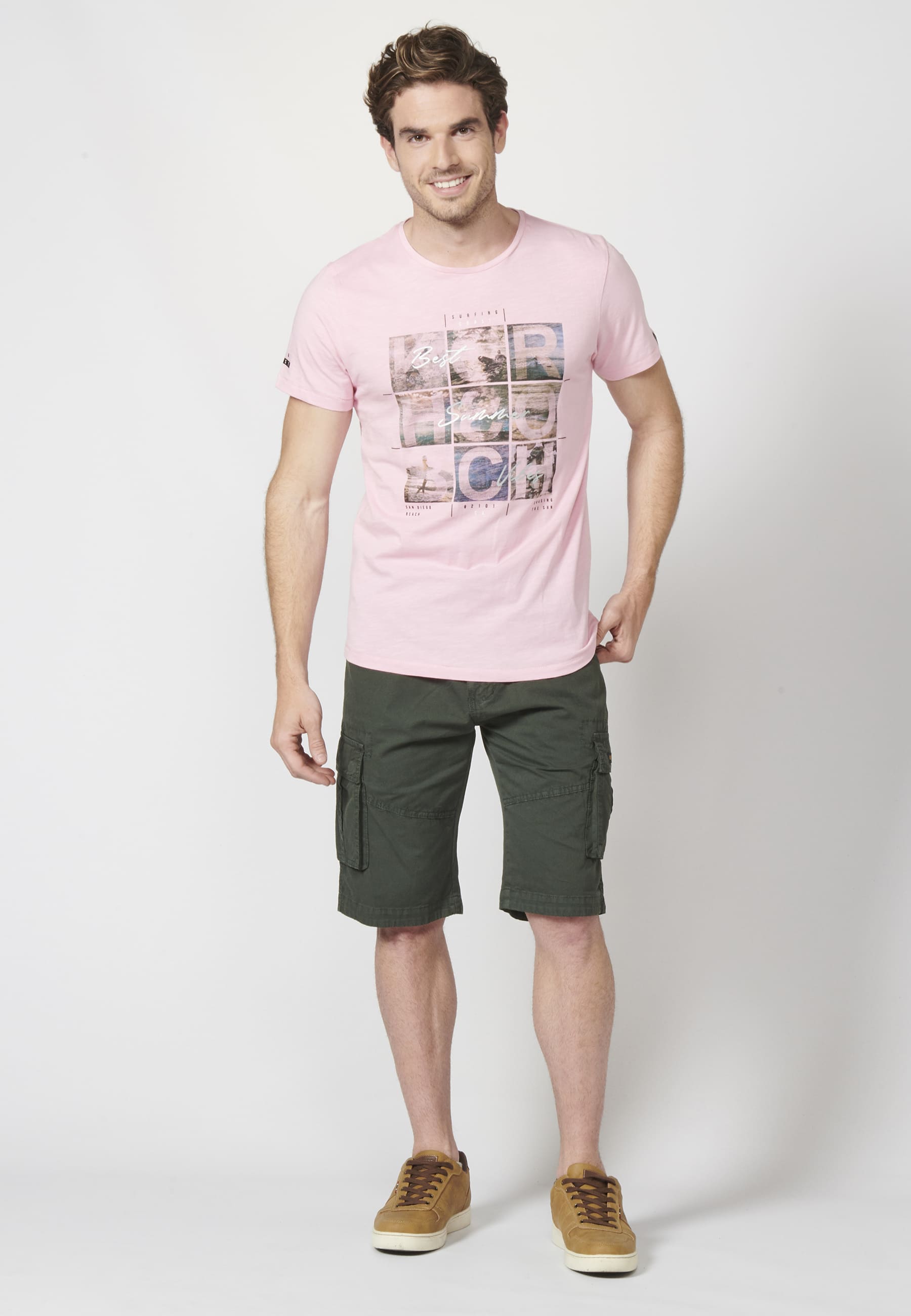 T-shirt manches courtes homme imprimé surfeur rose pastel - Koroshi 2211MC28