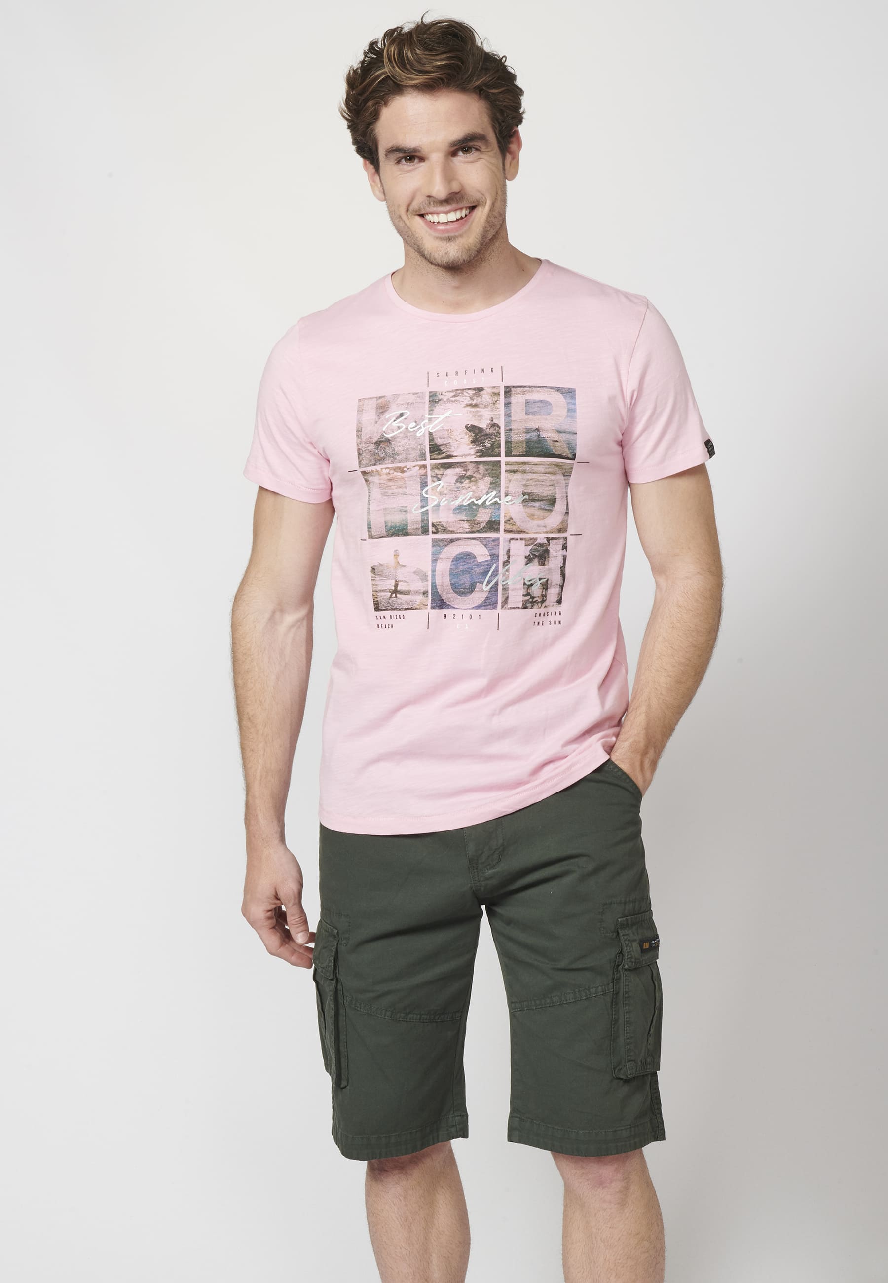 T-shirt manches courtes homme imprimé surfeur rose pastel vue arrière - Koroshi 2211MC28