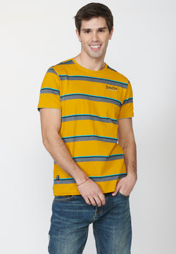Mustard yellow men's marbled striped short-sleeved t-shirt - Koroshi 2211MC35