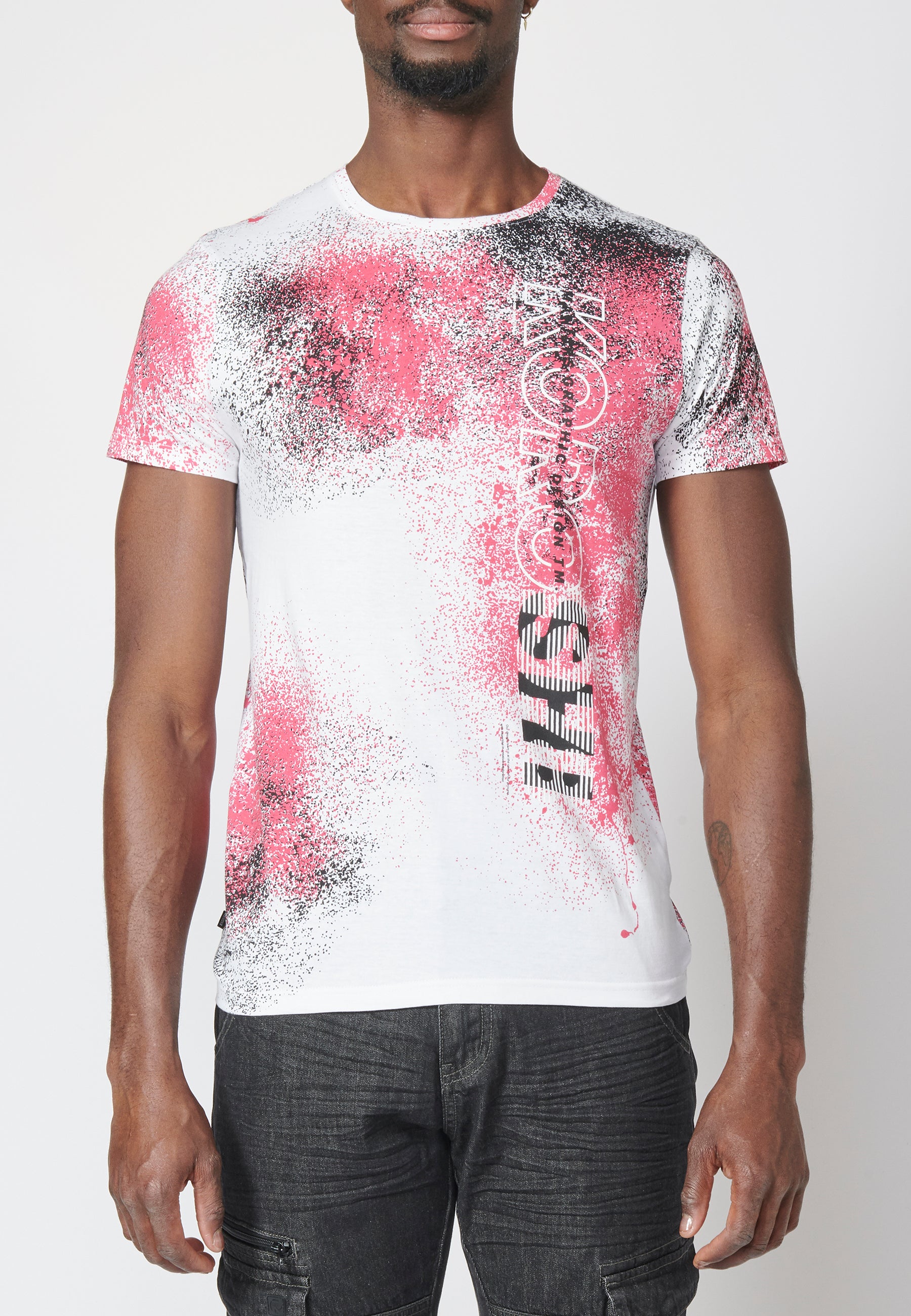 Short-sleeved T-shirt with splash print and side logo, 100% cotton for Men