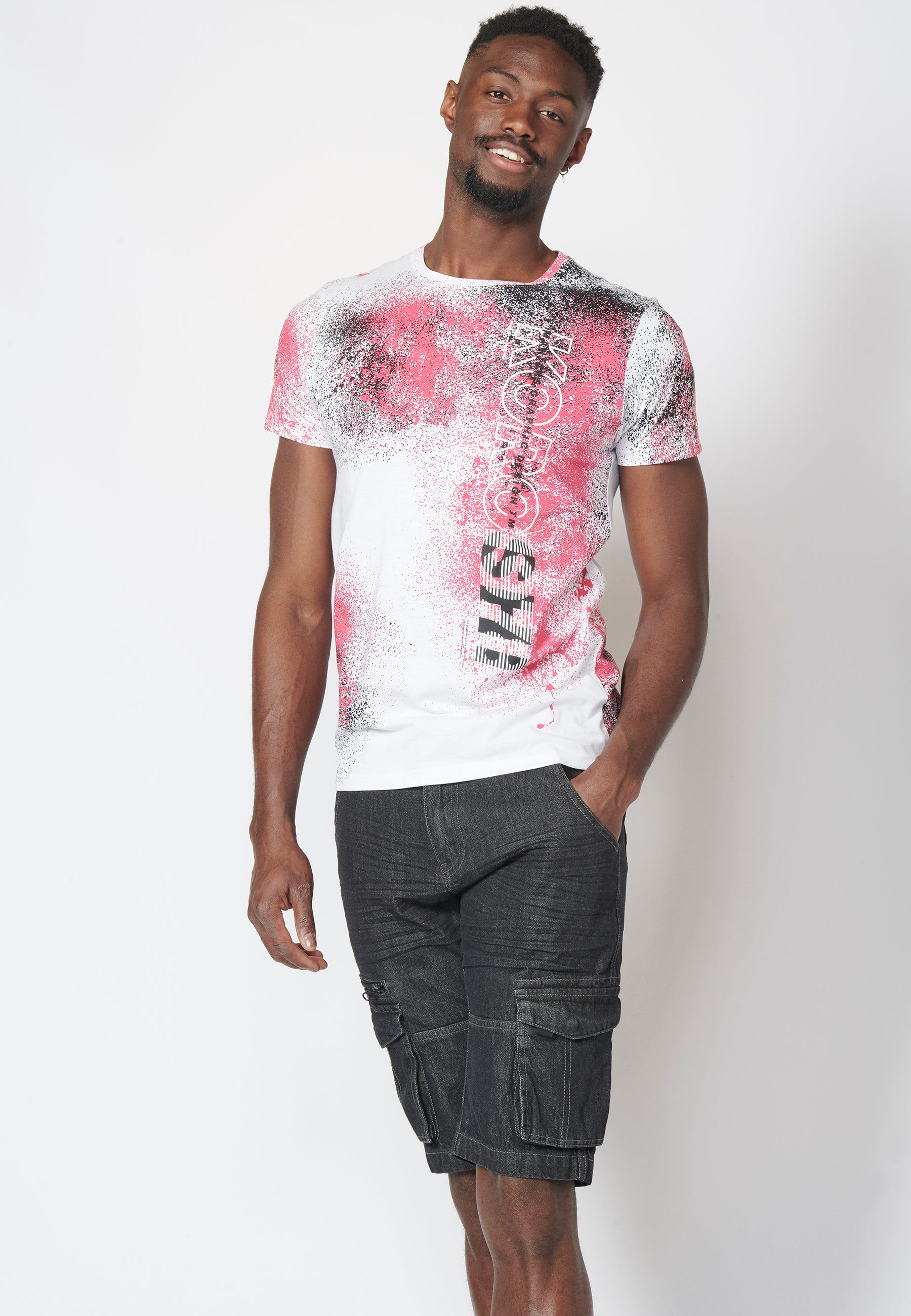 Short-sleeved T-shirt with splash print and side logo, 100% cotton for Men