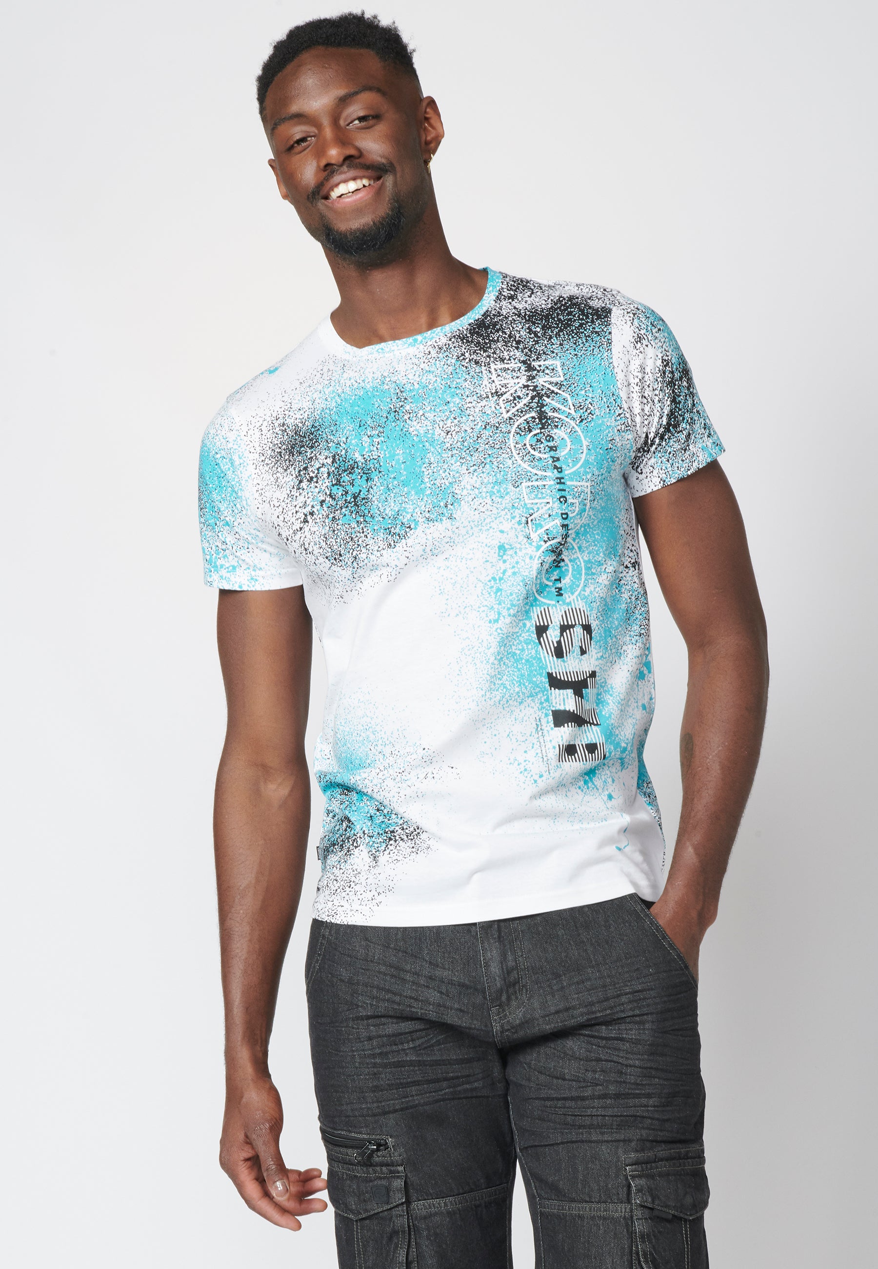 Short-sleeved T-shirt with splash print and side logo, 100% cotton for Men