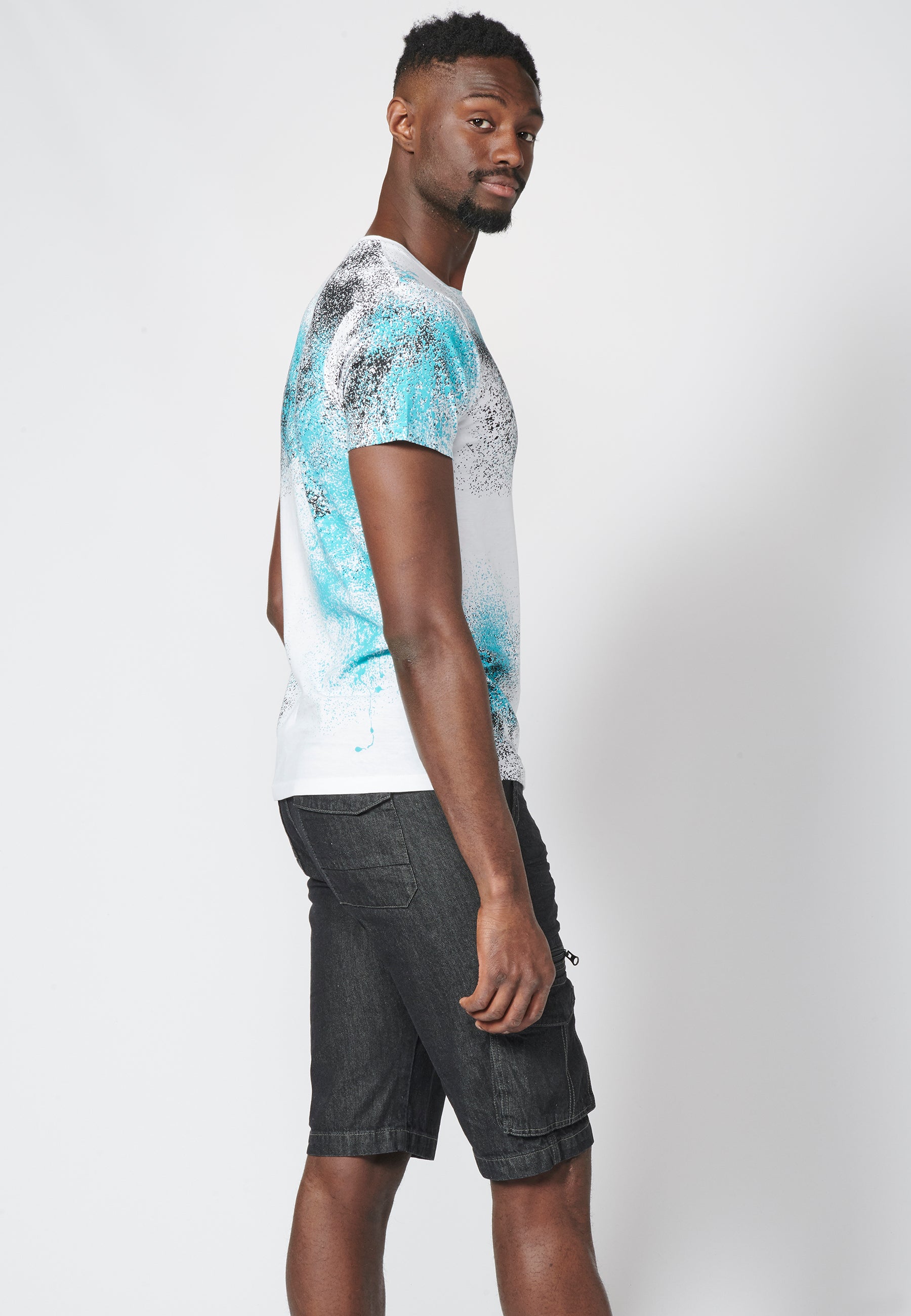 Short-sleeved T-shirt with splash print and side logo, 100% cotton for Men