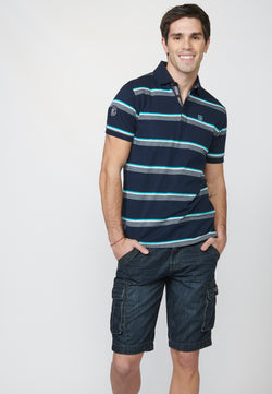 Striped short sleeve polo shirt collar men's navy blue - Koroshi 2211PC08