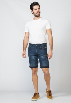 Dark blue men's worn denim cargo shorts - Koroshi 2211PS44