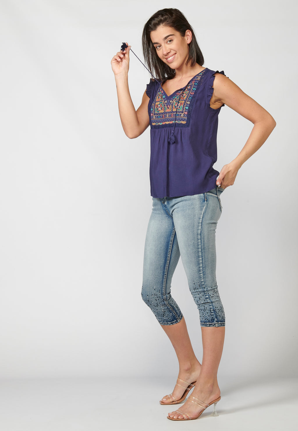 Blusa fluida sin mangas bordado étnico mujer navy - Koroshi 2212BL35