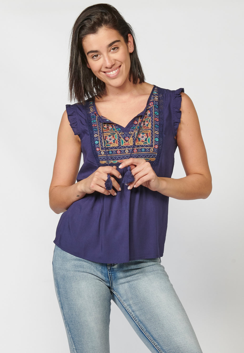 Blusa fluida sin mangas bordado étnico mujer navy - Koroshi 2212BL35