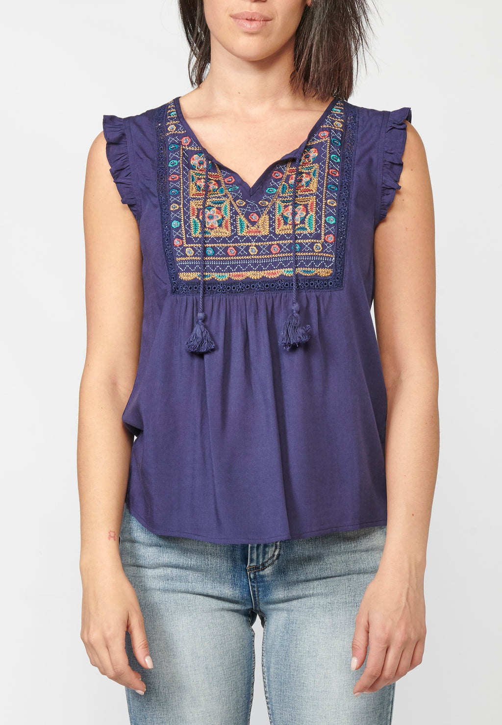 Blusa fluida sin mangas bordado étnico mujer navy - Koroshi 2212BL35