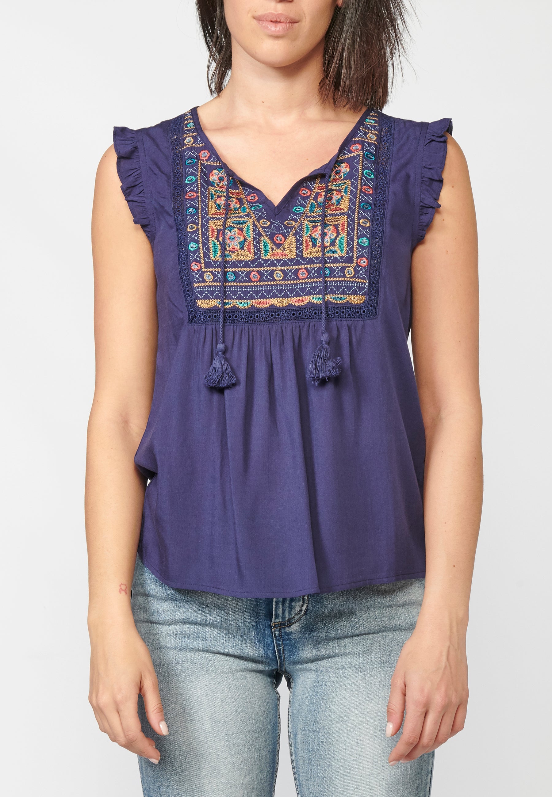 Blusa fluida sin mangas bordado étnico mujer navy - Koroshi 2212BL35