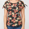 Women's short sleeve blouse floral print bow shoulder