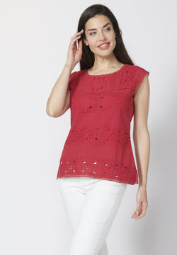 Blusa roja manga corta algodón bordada mujer - Koroshi 2212BL45