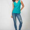 Women's red cotton blouse with straight cut, sleeveless, V-neck