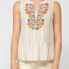 Flowy sleeveless V-neck embroidered cotton blouse for women
