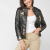 Veste brodée effet cuir avec détails floraux et col mao pour femme