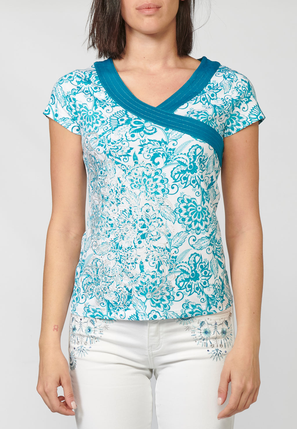 Camiseta algodón escote cruzado floral mujer aqua - Koroshi 2212TP14 - vista 1