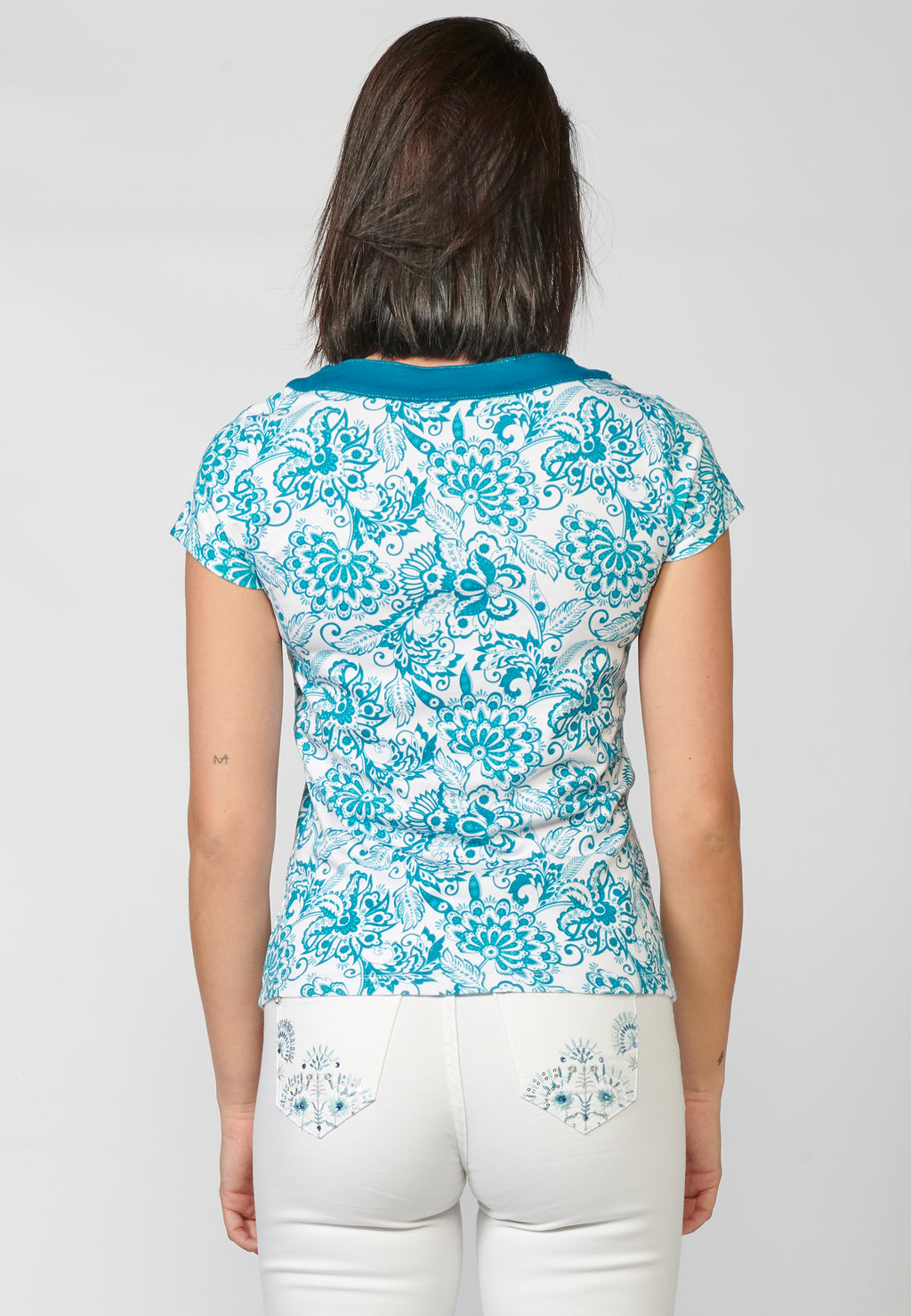 Camiseta algodón escote cruzado floral mujer aqua - Koroshi 2212TP14 - vista 6